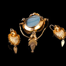 Load image into Gallery viewer, Antique Victorian 18K Gold Brooch/Pendant & Earrings Garnet & Chrysoberyl - Etruscan Revival c.1870