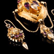 Load image into Gallery viewer, Antique Victorian 18K Gold Brooch/Pendant & Earrings Garnet & Chrysoberyl - Etruscan Revival c.1870