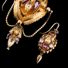Load image into Gallery viewer, Antique Victorian 18K Gold Brooch/Pendant & Earrings Garnet & Chrysoberyl - Etruscan Revival c.1870