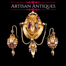 Load image into Gallery viewer, Antique Victorian 18K Gold Brooch/Pendant & Earrings Garnet & Chrysoberyl - Etruscan Revival c.1870