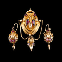 Load image into Gallery viewer, Antique Victorian 18K Gold Brooch/Pendant & Earrings Garnet & Chrysoberyl - Etruscan Revival c.1870