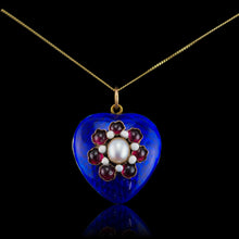 Load image into Gallery viewer, Antique Victorian Blue Enamel Garnet & Pearl 'Puffy' Heart Shaped Pendant Necklace - c.1900