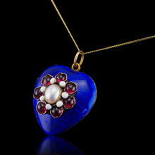 Load image into Gallery viewer, Antique Victorian Blue Enamel Garnet & Pearl 'Puffy' Heart Shaped Pendant Necklace - c.1900