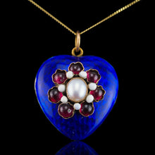 Load image into Gallery viewer, Antique Victorian Blue Enamel Garnet & Pearl 'Puffy' Heart Shaped Pendant Necklace - c.1900