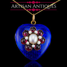 Load image into Gallery viewer, Antique Victorian Blue Enamel Garnet & Pearl 'Puffy' Heart Shaped Pendant Necklace - c.1900