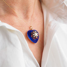 Load image into Gallery viewer, Antique Victorian Blue Enamel Garnet & Pearl 'Puffy' Heart Shaped Pendant Necklace - c.1900