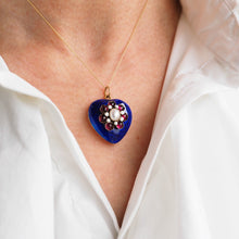 Load image into Gallery viewer, Antique Victorian Blue Enamel Garnet & Pearl 'Puffy' Heart Shaped Pendant Necklace - c.1900