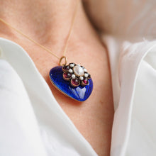Load image into Gallery viewer, Antique Victorian Blue Enamel Garnet & Pearl 'Puffy' Heart Shaped Pendant Necklace - c.1900