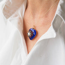 Load image into Gallery viewer, Antique Victorian Blue Enamel Garnet & Pearl 'Puffy' Heart Shaped Pendant Necklace - c.1900