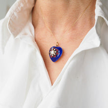 Load image into Gallery viewer, Antique Victorian Blue Enamel Garnet & Pearl 'Puffy' Heart Shaped Pendant Necklace - c.1900