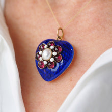 Load image into Gallery viewer, Antique Victorian Blue Enamel Garnet & Pearl 'Puffy' Heart Shaped Pendant Necklace - c.1900