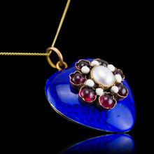 Load image into Gallery viewer, Antique Victorian Blue Enamel Garnet & Pearl 'Puffy' Heart Shaped Pendant Necklace - c.1900
