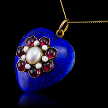 Load image into Gallery viewer, Antique Victorian Blue Enamel Garnet & Pearl 'Puffy' Heart Shaped Pendant Necklace - c.1900