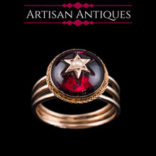 Load image into Gallery viewer, Antique Victorian 14ct Gold Garnet Star Cabochon Ring with Seed Pearl - c.1880
