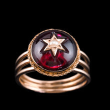 Load image into Gallery viewer, Antique Victorian 14ct Gold Garnet Star Cabochon Ring with Seed Pearl - c.1880