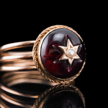 Load image into Gallery viewer, Antique Victorian 14ct Gold Garnet Star Cabochon Ring with Seed Pearl - c.1880