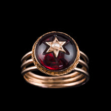 Load image into Gallery viewer, Antique Victorian 14ct Gold Garnet Star Cabochon Ring with Seed Pearl - c.1880