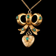 Load image into Gallery viewer, Antique Victorian Emerald 18ct Gold Bow Heart Pendant Necklace - c.1880