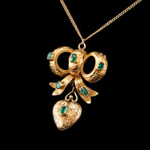 Load image into Gallery viewer, Antique Victorian Emerald 18ct Gold Bow Heart Pendant Necklace - c.1880