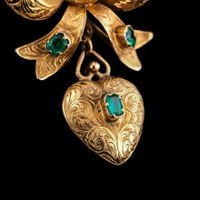 Load image into Gallery viewer, Antique Victorian Emerald 18ct Gold Bow Heart Pendant Necklace - c.1880