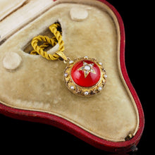 Load image into Gallery viewer, Antique Victorian Diamond & Pearl Star Necklace with Red Rock Crystal Cabochon 15ct Gold - c.1880