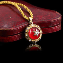 Load image into Gallery viewer, Antique Victorian Diamond & Pearl Star Necklace with Red Rock Crystal Cabochon 15ct Gold - c.1880