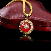 Load image into Gallery viewer, Antique Victorian Diamond & Pearl Star Necklace with Red Rock Crystal Cabochon 15ct Gold - c.1880