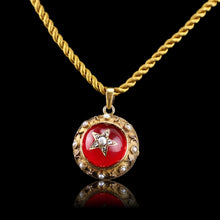 Load image into Gallery viewer, Antique Victorian Diamond & Pearl Star Necklace with Red Rock Crystal Cabochon 15ct Gold - c.1880