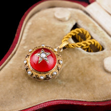 Load image into Gallery viewer, Antique Victorian Diamond & Pearl Star Necklace with Red Rock Crystal Cabochon 15ct Gold - c.1880