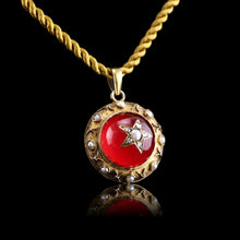 Load image into Gallery viewer, Antique Victorian Diamond & Pearl Star Necklace with Red Rock Crystal Cabochon 15ct Gold - c.1880