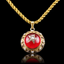 Load image into Gallery viewer, Antique Victorian Diamond & Pearl Star Necklace with Red Rock Crystal Cabochon 15ct Gold - c.1880