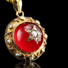 Load image into Gallery viewer, Antique Victorian Diamond & Pearl Star Necklace with Red Rock Crystal Cabochon 15ct Gold - c.1880