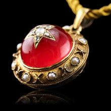Load image into Gallery viewer, Antique Victorian Diamond & Pearl Star Necklace with Red Rock Crystal Cabochon 15ct Gold - c.1880