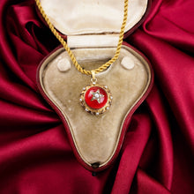 Load image into Gallery viewer, Antique Victorian Diamond & Pearl Star Necklace with Red Rock Crystal Cabochon 15ct Gold - c.1880