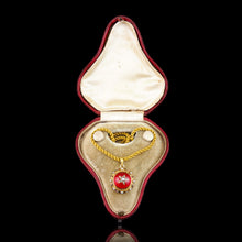 Load image into Gallery viewer, Antique Victorian Diamond & Pearl Star Necklace with Red Rock Crystal Cabochon 15ct Gold - c.1880