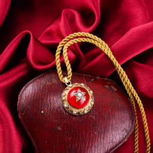 Load image into Gallery viewer, Antique Victorian Diamond & Pearl Star Necklace with Red Rock Crystal Cabochon 15ct Gold - c.1880