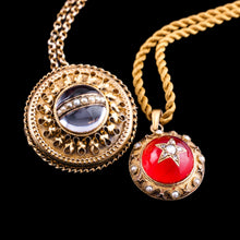 Load image into Gallery viewer, Antique Victorian Diamond & Pearl Star Necklace with Red Rock Crystal Cabochon 15ct Gold - c.1880