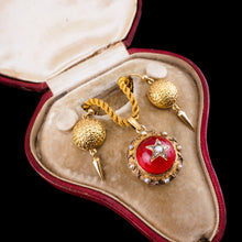 Load image into Gallery viewer, Antique Victorian Diamond & Pearl Star Necklace with Red Rock Crystal Cabochon 15ct Gold - c.1880
