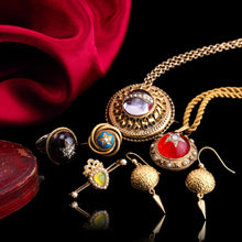 Load image into Gallery viewer, Antique Victorian Diamond & Pearl Star Necklace with Red Rock Crystal Cabochon 15ct Gold - c.1880