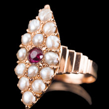 Load image into Gallery viewer, Antique Victorian Ruby & Seed Pearl Navette Ring 14ct Rose Gold - c.1900
