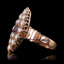 Load image into Gallery viewer, Antique Victorian Ruby & Seed Pearl Navette Ring 14ct Rose Gold - c.1900
