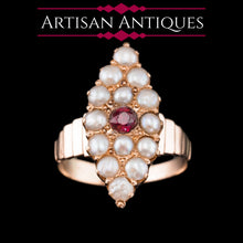 Load image into Gallery viewer, Antique Victorian Ruby & Seed Pearl Navette Ring 14ct Rose Gold - c.1900