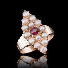Load image into Gallery viewer, Antique Victorian Ruby & Seed Pearl Navette Ring 14ct Rose Gold - c.1900