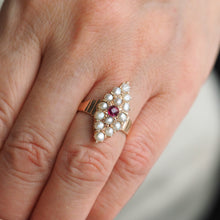 Load image into Gallery viewer, Antique Victorian Ruby & Seed Pearl Navette Ring 14ct Rose Gold - c.1900