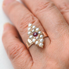 Load image into Gallery viewer, Antique Victorian Ruby & Seed Pearl Navette Ring 14ct Rose Gold - c.1900