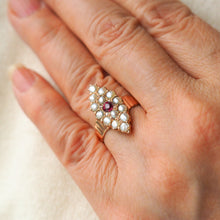 Load image into Gallery viewer, Antique Victorian Ruby & Seed Pearl Navette Ring 14ct Rose Gold - c.1900