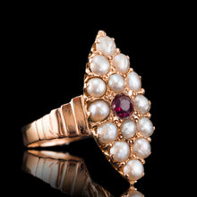 Load image into Gallery viewer, Antique Victorian Ruby & Seed Pearl Navette Ring 14ct Rose Gold - c.1900