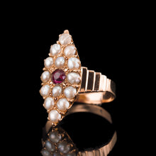 Load image into Gallery viewer, Antique Victorian Ruby & Seed Pearl Navette Ring 14ct Rose Gold - c.1900