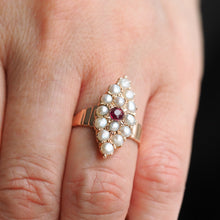 Load image into Gallery viewer, Antique Victorian Ruby & Seed Pearl Navette Ring 14ct Rose Gold - c.1900