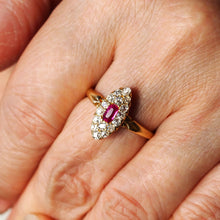 Load image into Gallery viewer, Antique Victorian Ruby & Diamond Ring 18ct Gold Cluster Navette Design - 1886